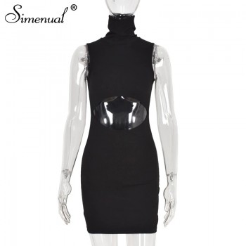 Simenual Sleeveless Ribbed Cut Out Bodycon Dress For Women Sexy Baddie Clothes Night Club Turtleneck Party Mini Summer Dresses